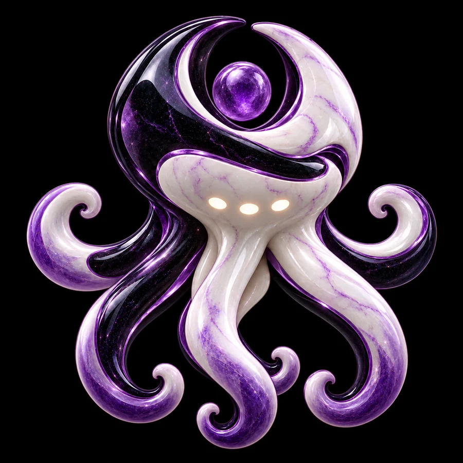 BLOOP, a violet and pearl marble kraken with three ivory lights